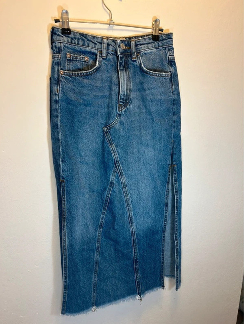 Free People Long Denim Midi Skirt with Leg Slits - Picture 2 of 5